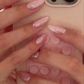 SHEIN 24Pcs Short Nails Pink Color Glitter Coated White Polka Dot Almond Shape Press On Nails