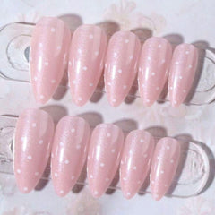 SHEIN 24Pcs Short Nails Pink Color Glitter Coated White Polka Dot Almond Shape Press On Nails