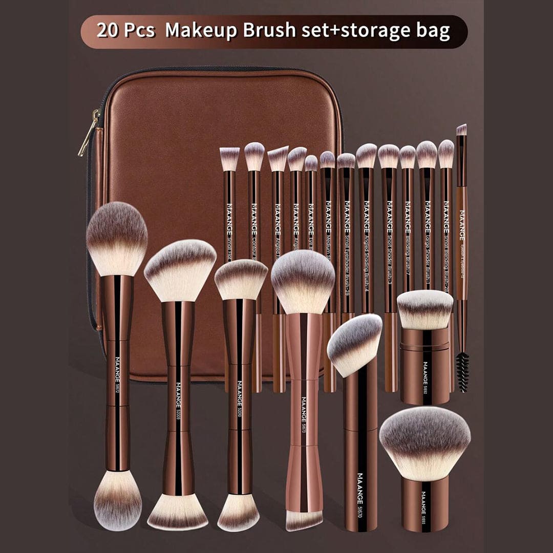 MAANGE 20pcs Professional Long Aluminum Tube Makeup Brush Set With Storage Bag Makeup Tools - XOXO cosmetics