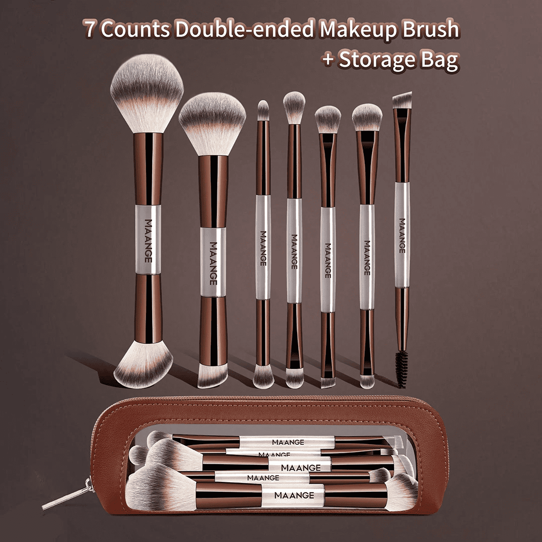 MAANGE 7Pcs Professional Facial Double-Ended Makeup Brush Set + Cosmetics Bag Makeup Tools - XOXO cosmetics
