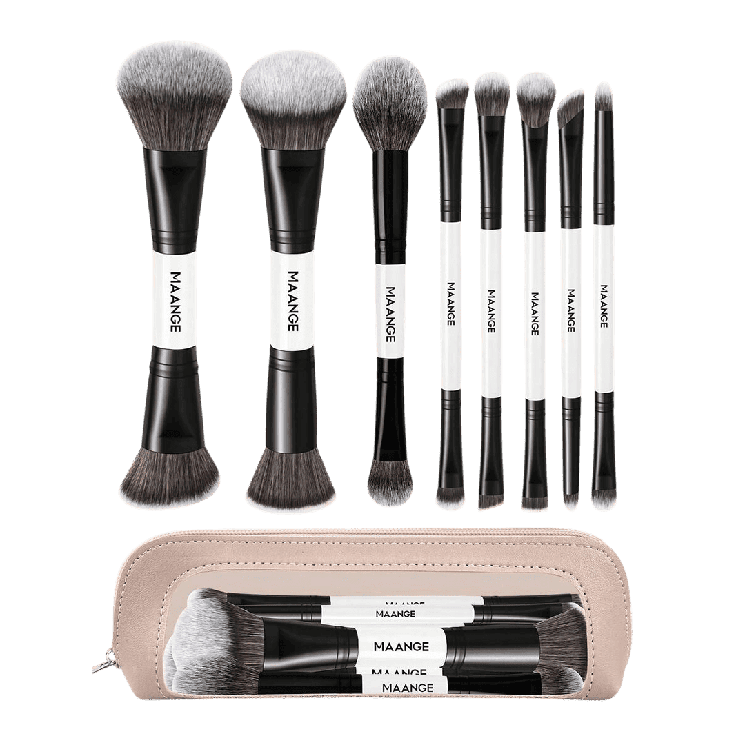 MAANGE 8Pcs Double Headed Soft Natural Synthetic Hair Cosmetic Brush Set + Cosmetics Bag Makeup Tools - XOXO cosmetics