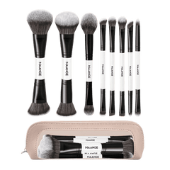 MAANGE 8Pcs Double Headed Soft Natural Synthetic Hair Cosmetic Brush Set + Cosmetics Bag Makeup Tools - XOXO cosmetics