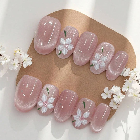 SHEIN 10Pcs Short Oval Pink Flower Pattern Press On Nails - Small Press On Nails - XOXO cosmetics