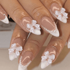 SHEIN 24Pcs French Almond White Bow & Faux Pearl Design Press On Nails Press On Nails - XOXO cosmetics