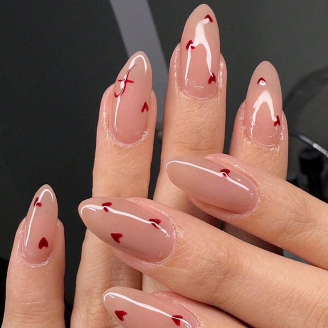 SHEIN 24pcs Long Almond-Shaped Romantic Minimalist Red Heart Press On Nails Press On Nails - XOXO cosmetics
