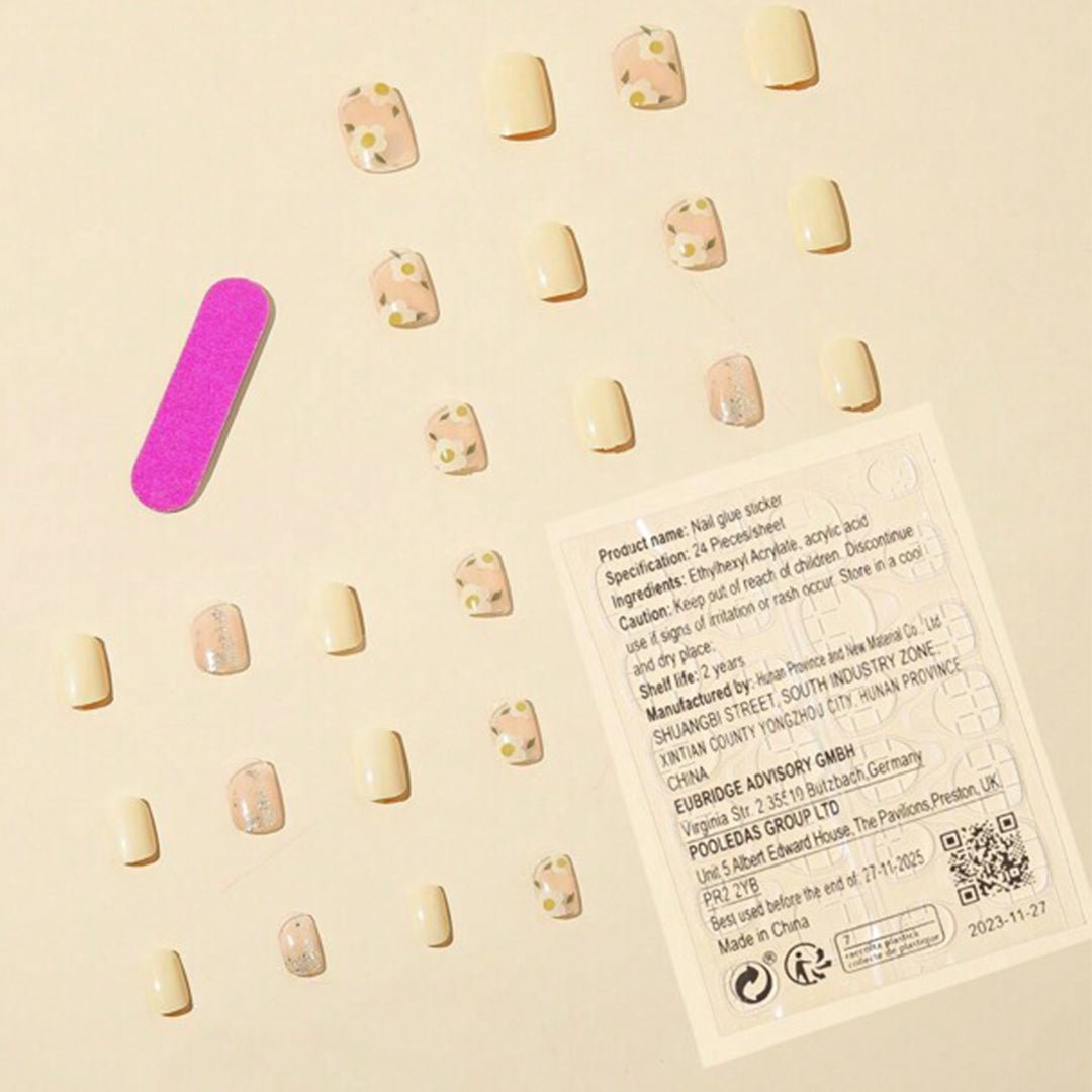 SHEIN 24pcs Medium Square Yellow Floral PatternPress On Nails Press On Nails - XOXO cosmetics