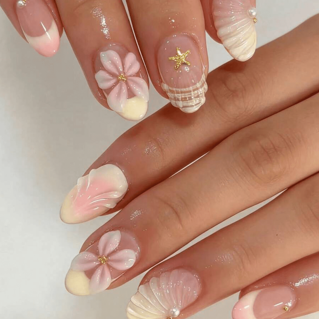 SHEIN 24pcs Short Oval 3D Flower & Pearl Design Press On Nails Press On Nails - XOXO cosmetics