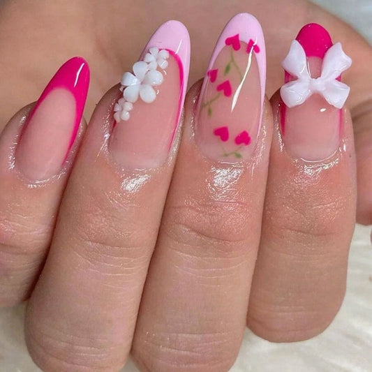 SHEIN Almond Pink French Bows & Flowers Press On Nails Press On Nails - XOXO cosmetics