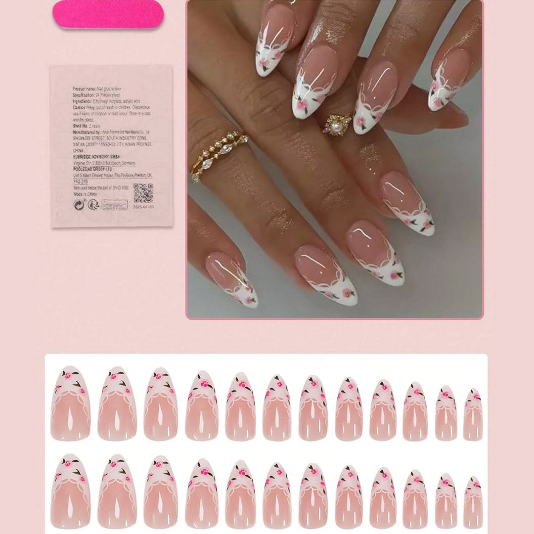 SHEIN Flowers Designs Chic Medium Almond Press On Nails Press On Nails - XOXO cosmetics