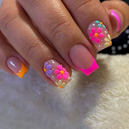 SHEIN Fluorescent Color Floral Pattern Almond Shaped Press On Nails Press On Nails - XOXO cosmetics