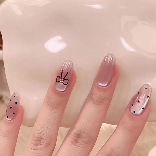 SHEIN French Nude Skin Polka Dot Bow Press On Nails Press On Nails - XOXO cosmetics