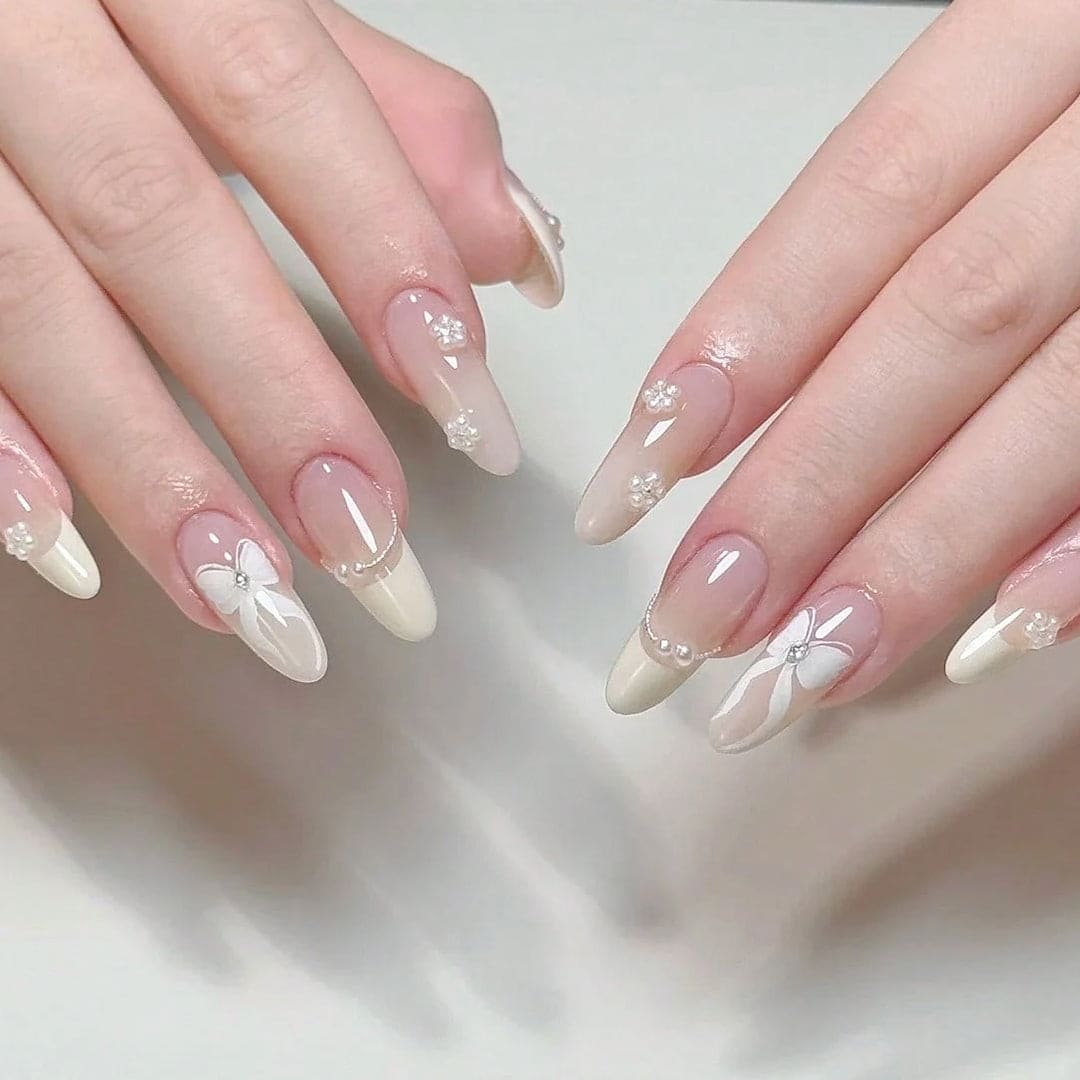 SHEIN Pearl Bow Medium Almond Shaped Press On Nails Press On Nails - XOXO cosmetics