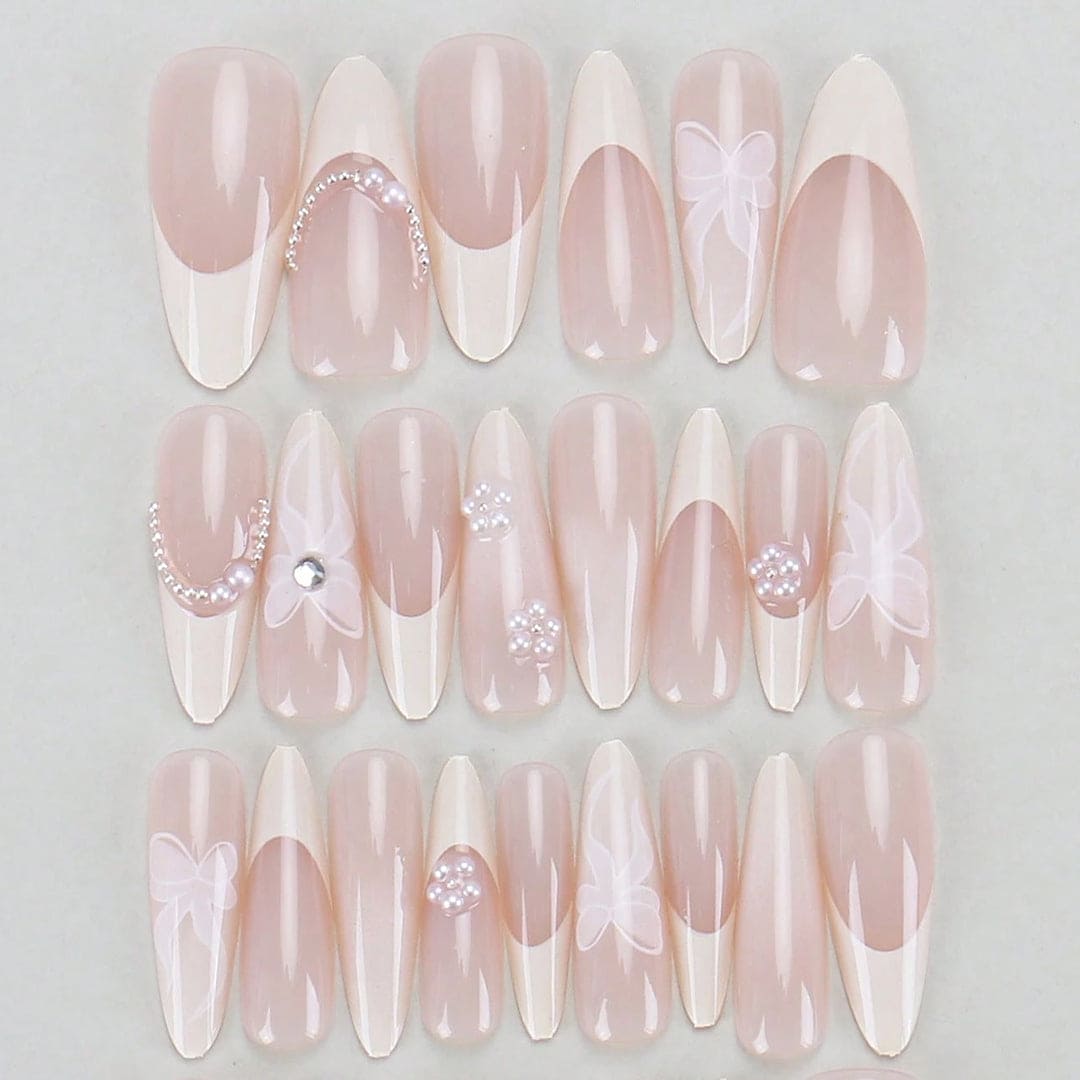 SHEIN Pearl Bow Medium Almond Shaped Press On Nails Press On Nails - XOXO cosmetics