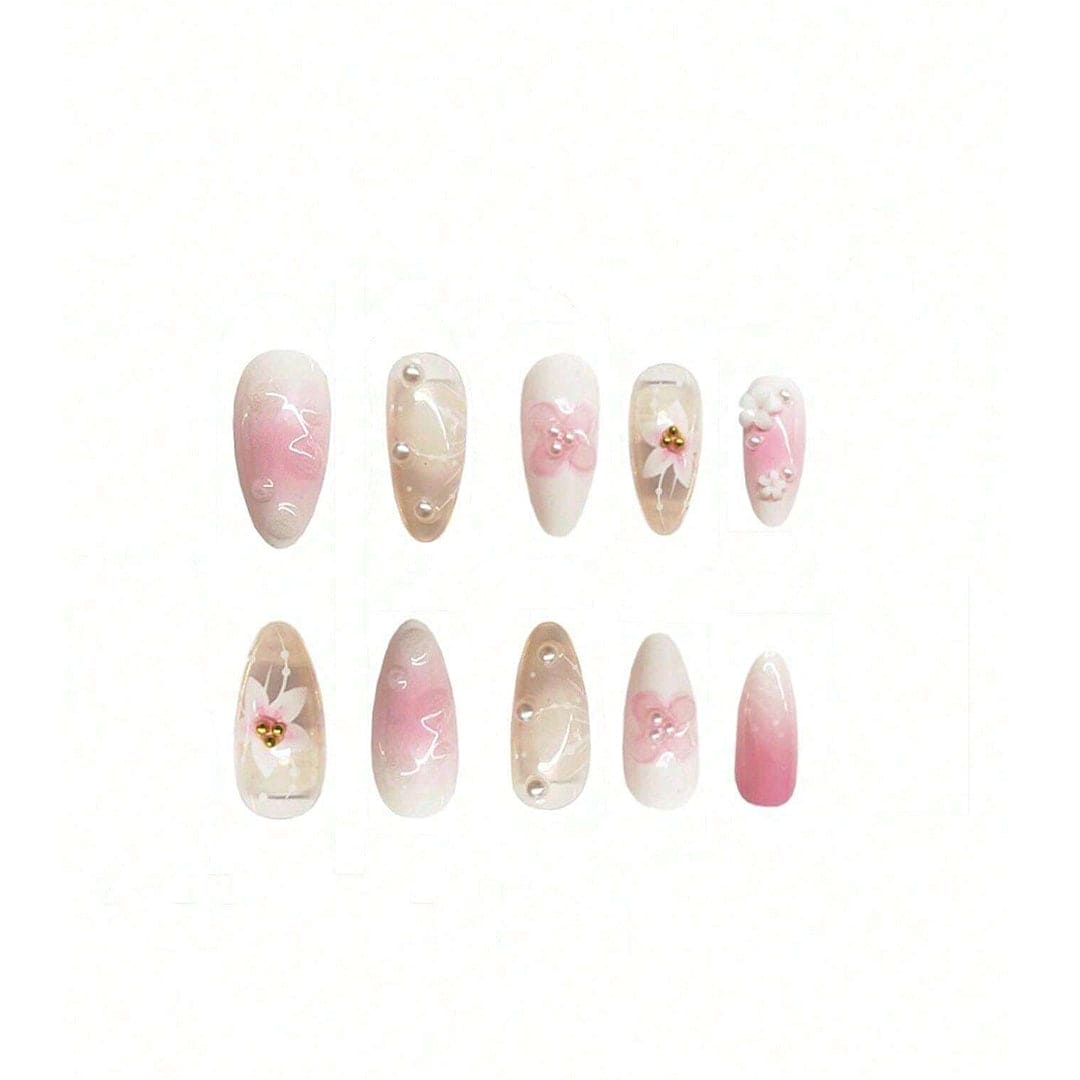 SHEIN Pink 3D Floral Faux Pearl Medium Almond Shape Press On Nails Press On Nails - XOXO cosmetics