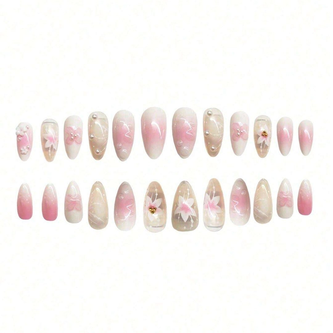 SHEIN Pink 3D Floral Faux Pearl Medium Almond Shape Press On Nails Press On Nails - XOXO cosmetics