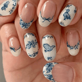 SHEIN Short Oval 24Pcs Flower Nails Blue Bow Press On Nails Press On Nails - XOXO cosmetics