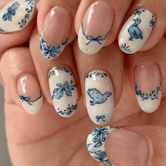 SHEIN Short Oval 24Pcs Flower Nails Blue Bow Press On Nails Press On Nails - XOXO cosmetics