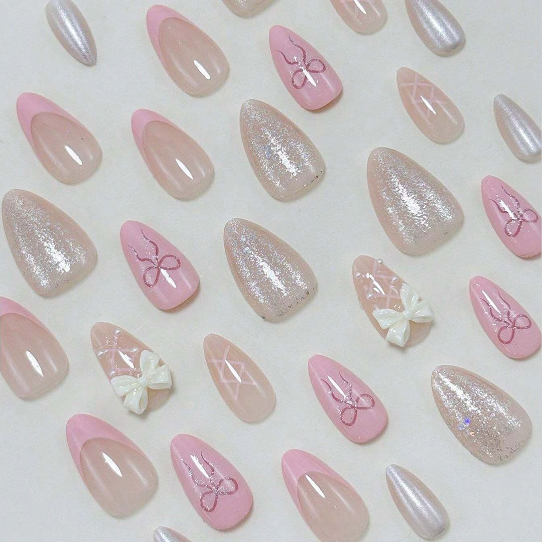 SHEIN Sweet 3D Pink Bow Short Almond Shape Press On Nails Press On Nails - XOXO cosmetics