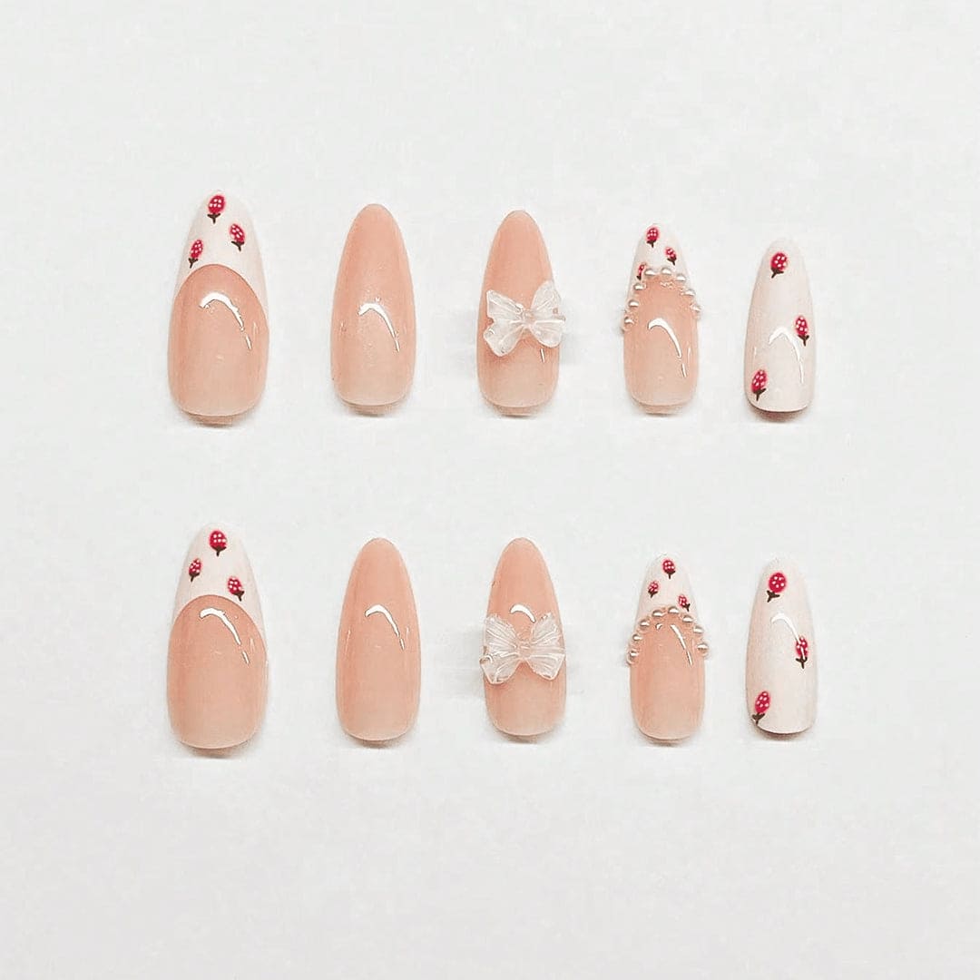 SHEIN Sweet Strawberry & Transparent Bowknot Press On Nails Press On Nails - XOXO cosmetics