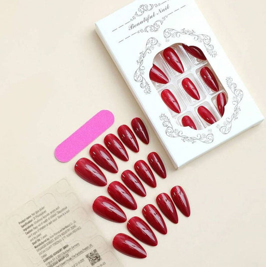 SHEIN 24 Pcs Red Solid Color Almond Shape Press On Nails