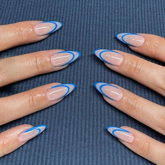 SHEIN 24pcs Long Almond Press On Nails With Blue French Edge Simple Design Fake Nails