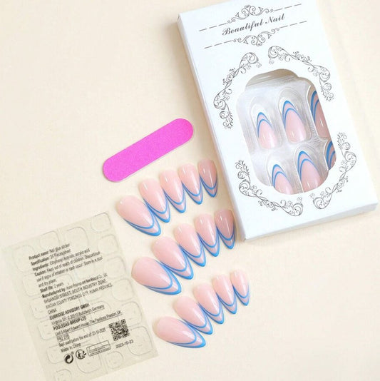 SHEIN 24pcs Long Almond Press On Nails With Blue French Edge Simple Design Fake Nails