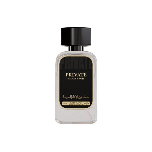 Perfume bottle labeled 'Private Velvet & Rose' on a white background