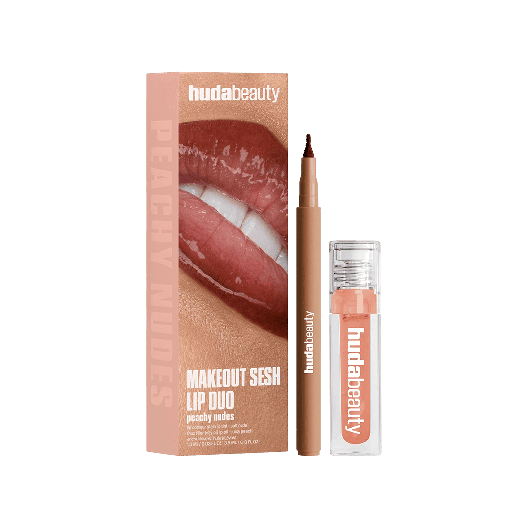 Huda Beauty Makeout Sesh Lip Duo - Peachy Nudes Lip Kit - XOXO cosmetics