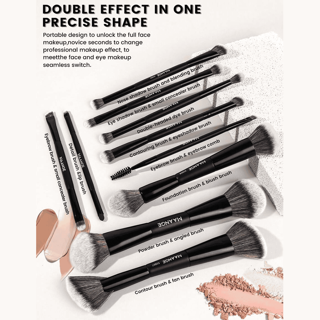 MAANGE 10Pcs Professional Dual-Ended Makeup Brush Set + Cosmetics Bag Makeup Tools - XOXO cosmetics