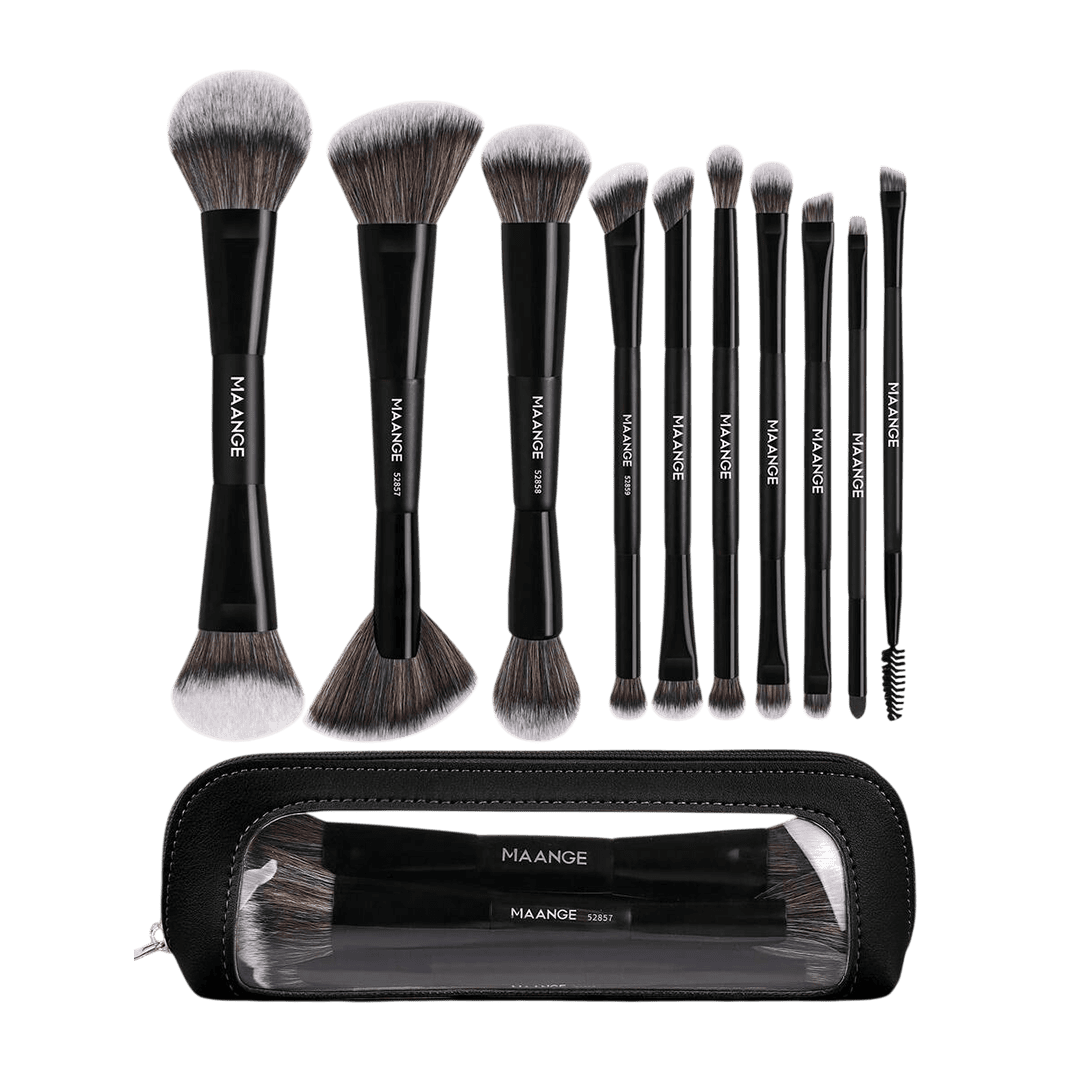 MAANGE 10Pcs Professional Dual-Ended Makeup Brush Set + Cosmetics Bag Makeup Tools - XOXO cosmetics