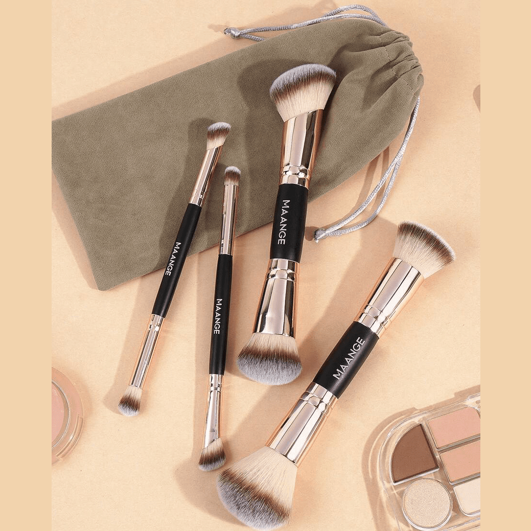 MAANGE 4pcs Professional Double-Headed Makeup Brush Set + 1Pc Velvet Bag Makeup Tools - XOXO cosmetics