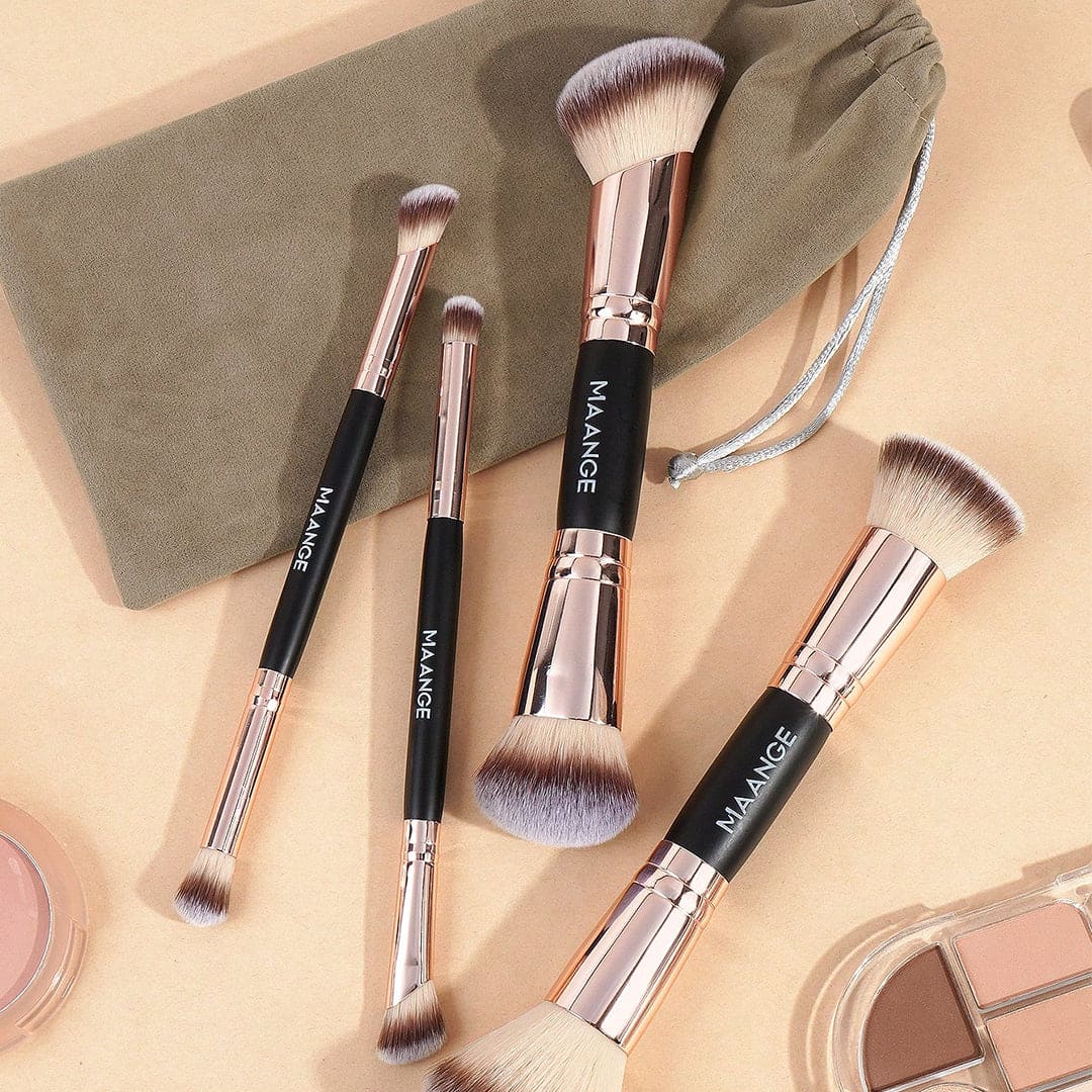 MAANGE 4pcs Professional Double-Headed Makeup Brush Set With Velvet Bag Makeup Tools - XOXO cosmetics