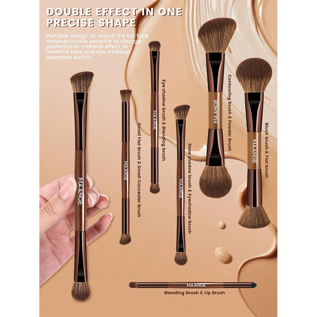 MAANGE 6pcs Double Headed Soft Natural Synthetic Hair Cosmetic Brush Set Makeup Tools - XOXO cosmetics