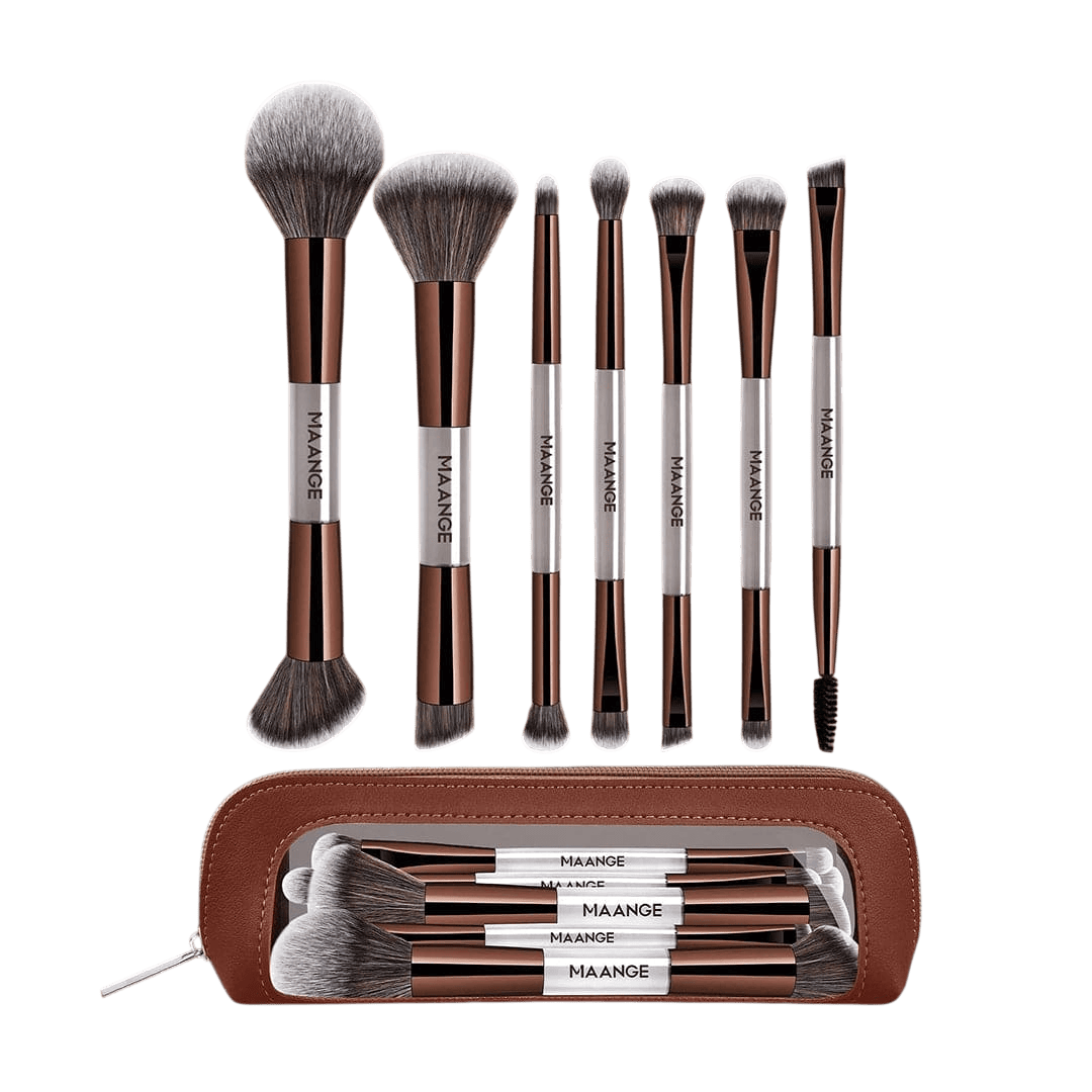 MAANGE 7Pcs Professional Facial Double-Ended Makeup Brush Set + Cosmetics Bag Makeup Tools - XOXO cosmetics