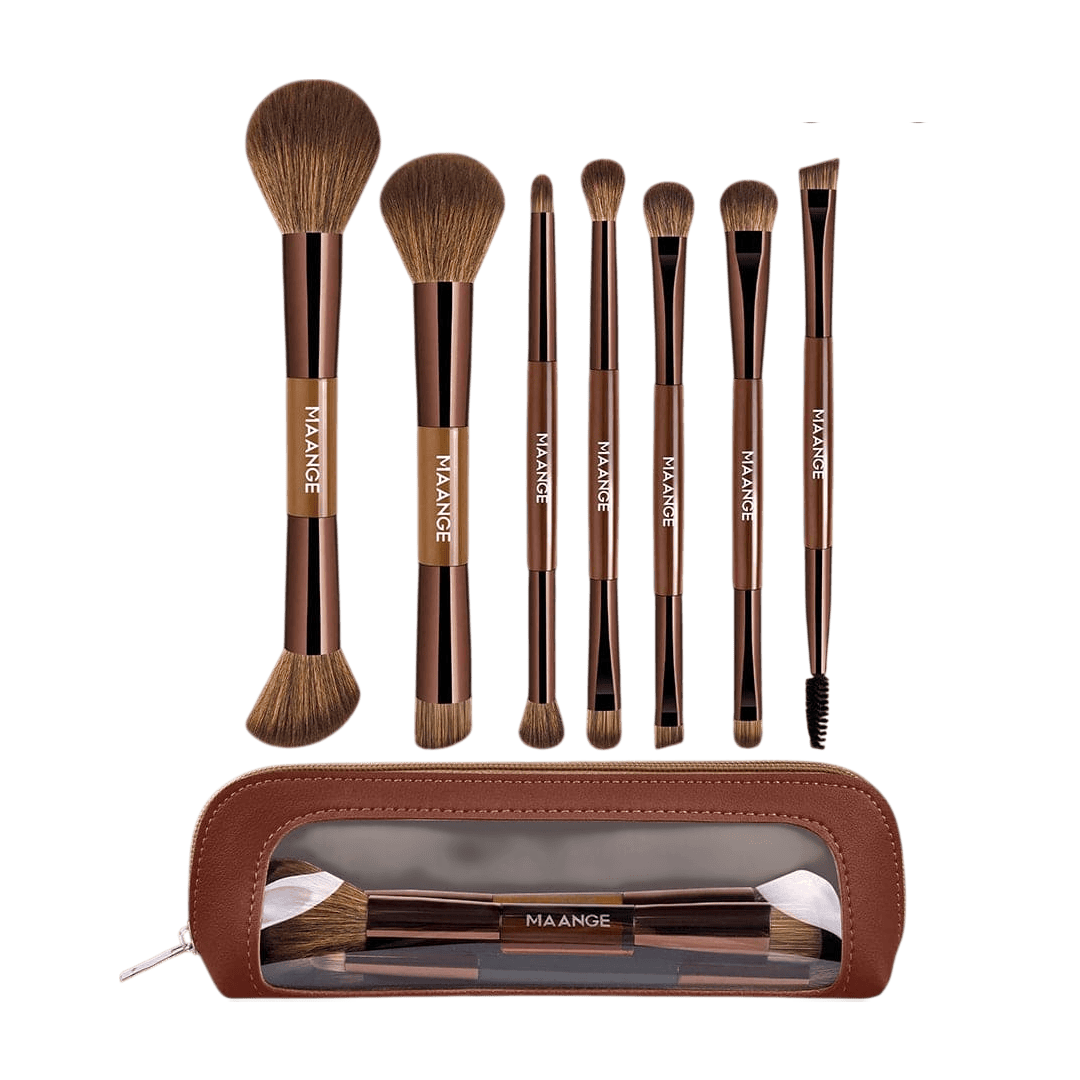 MAANGE 7Pcs Professional Facial Double-Ended Makeup Brush Set + Cosmetics Bag Makeup Tools - XOXO cosmetics