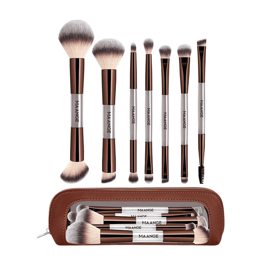 MAANGE 7Pcs Professional Facial Double-Ended Makeup Brush Set + Cosmetics Bag Makeup Tools - XOXO cosmetics