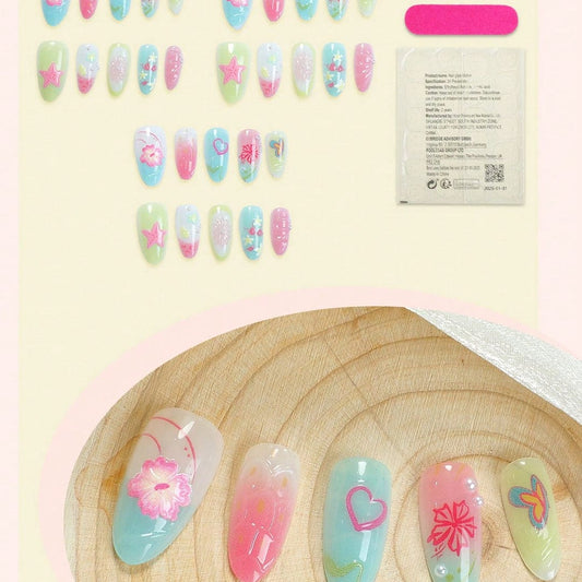 SHEIN 10Pcs Flower Lemon And Rhinestone Colorful Gradient Press On Nails Press On Nails - XOXO cosmetics