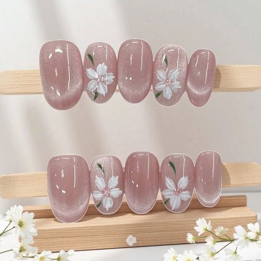 SHEIN 10Pcs Short Oval Pink Flower Pattern Press On Nails - Small Press On Nails - XOXO cosmetics