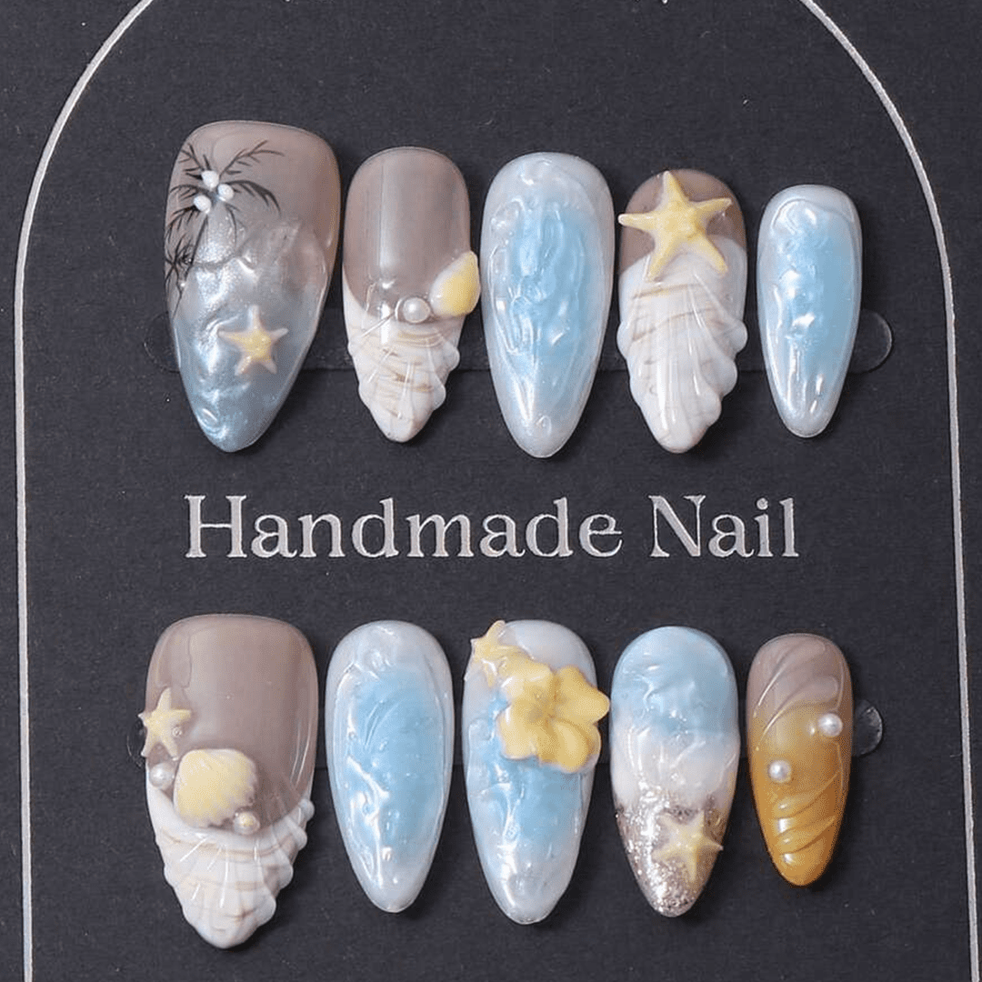 SHEIN 10pcs Light Blue Beach French Style & 3D Engraving & 3D Swirling Shell Sea Star Press On Nails Press On Nails - XOXO cosmetics