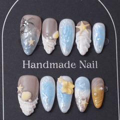 SHEIN 10pcs Light Blue Beach French Style & 3D Engraving & 3D Swirling Shell Sea Star Press On Nails Press On Nails - XOXO cosmetics