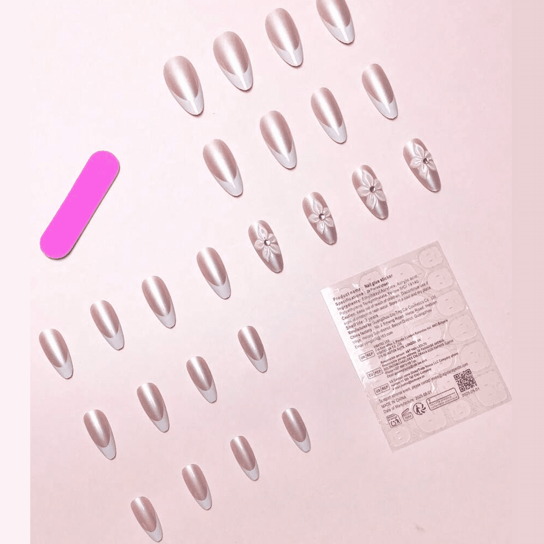 SHEIN 24Pcs Almond Shape Holographic 3D Rhinestone Floral French Manicure Press-On Nails Press On Nails - XOXO cosmetics