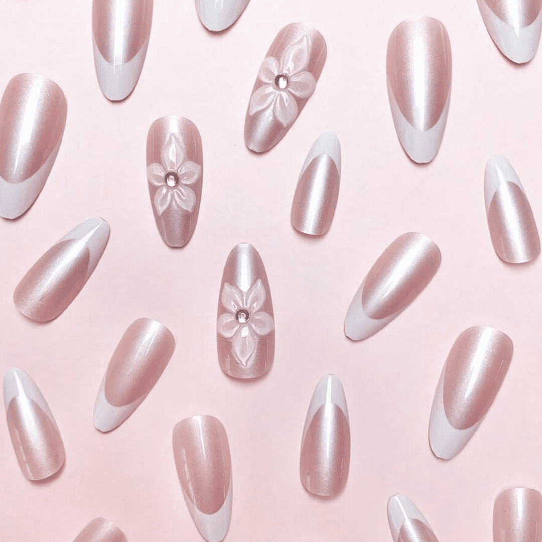 SHEIN 24Pcs Almond Shape Holographic 3D Rhinestone Floral French Manicure Press-On Nails Press On Nails - XOXO cosmetics