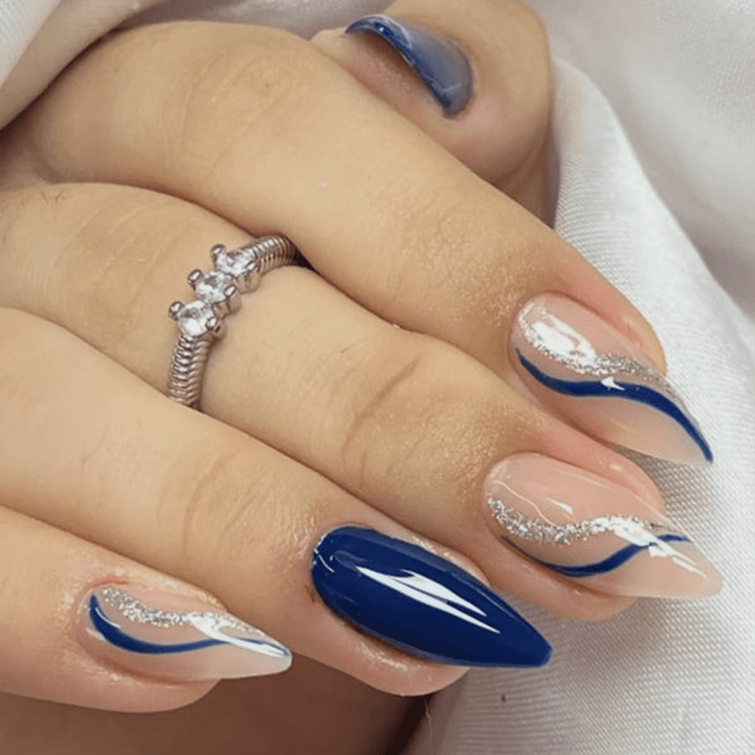 SHEIN 24Pcs Almond-Shaped Light Blue Dotted Glitter Press On Nails Press On Nails - XOXO cosmetics