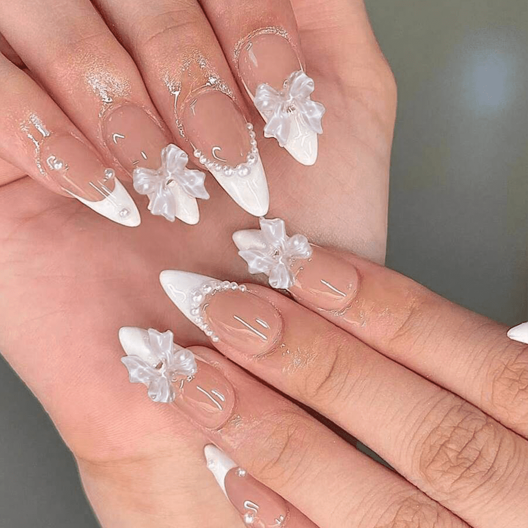 SHEIN 24Pcs French Almond White Bow & Faux Pearl Design Press On Nails Press On Nails - XOXO cosmetics