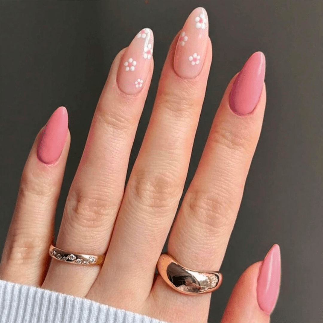 SHEIN 24Pcs Long Almond Pink Flower Press On Nails Press On Nails - XOXO cosmetics