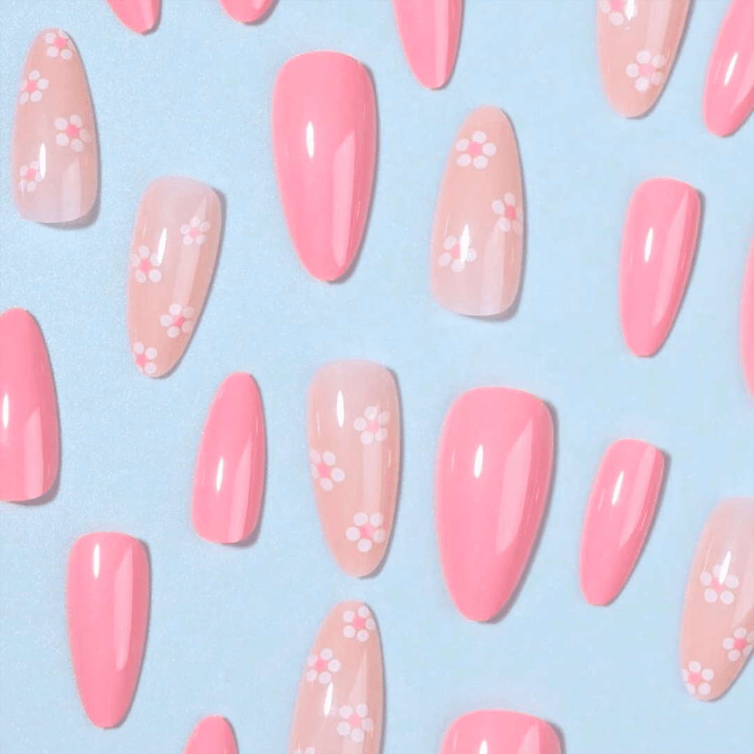 SHEIN 24Pcs Long Almond Pink Flower Press On Nails Press On Nails - XOXO cosmetics