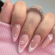 SHEIN 24Pcs Pink Lip Design And A Pearl Bow Of Mid Size Almond Shaped Press On Nails Press On Nails - XOXO cosmetics