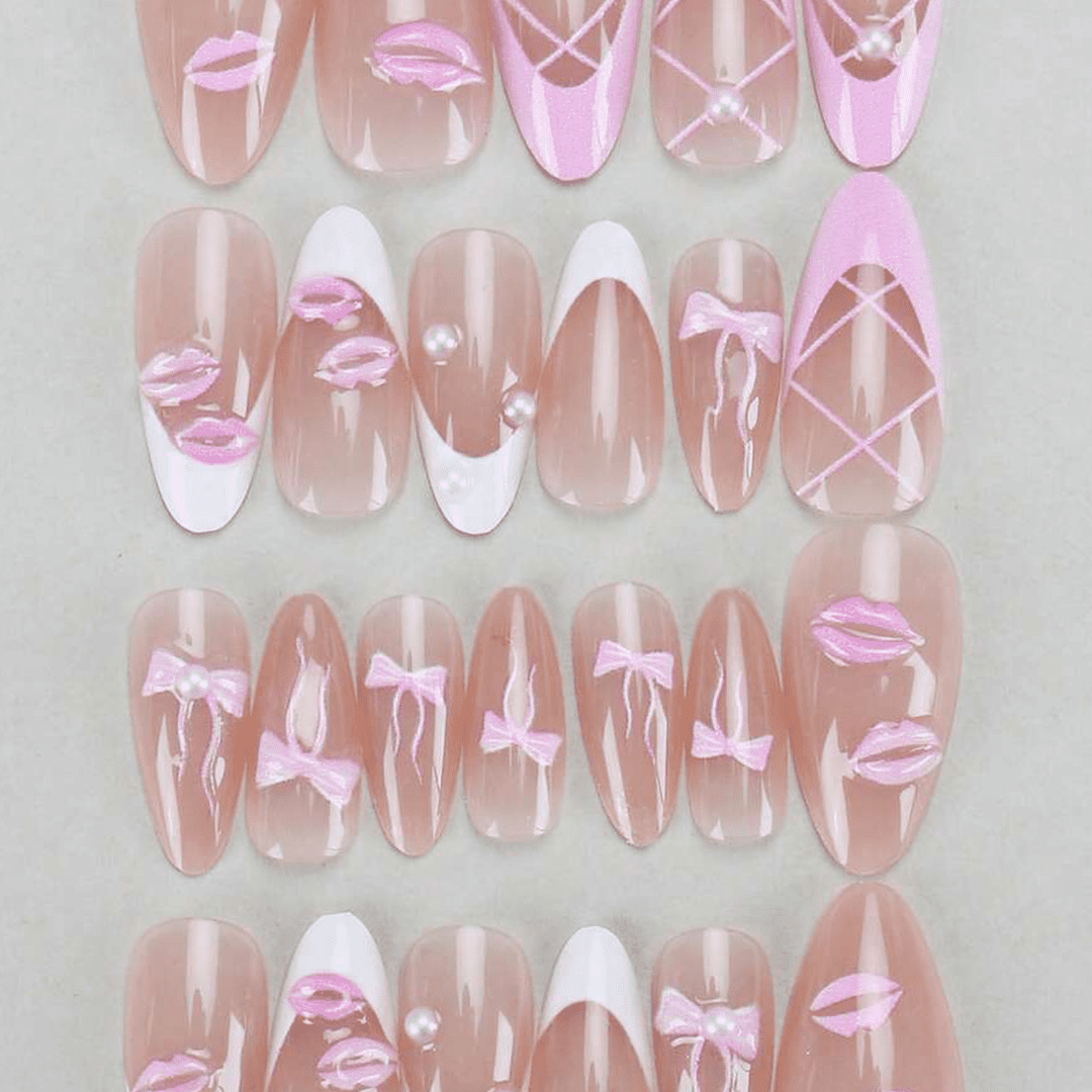 SHEIN 24Pcs Pink Lip Design And A Pearl Bow Of Mid Size Almond Shaped Press On Nails Press On Nails - XOXO cosmetics