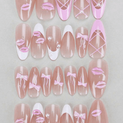 SHEIN 24Pcs Pink Lip Design And A Pearl Bow Of Mid Size Almond Shaped Press On Nails Press On Nails - XOXO cosmetics