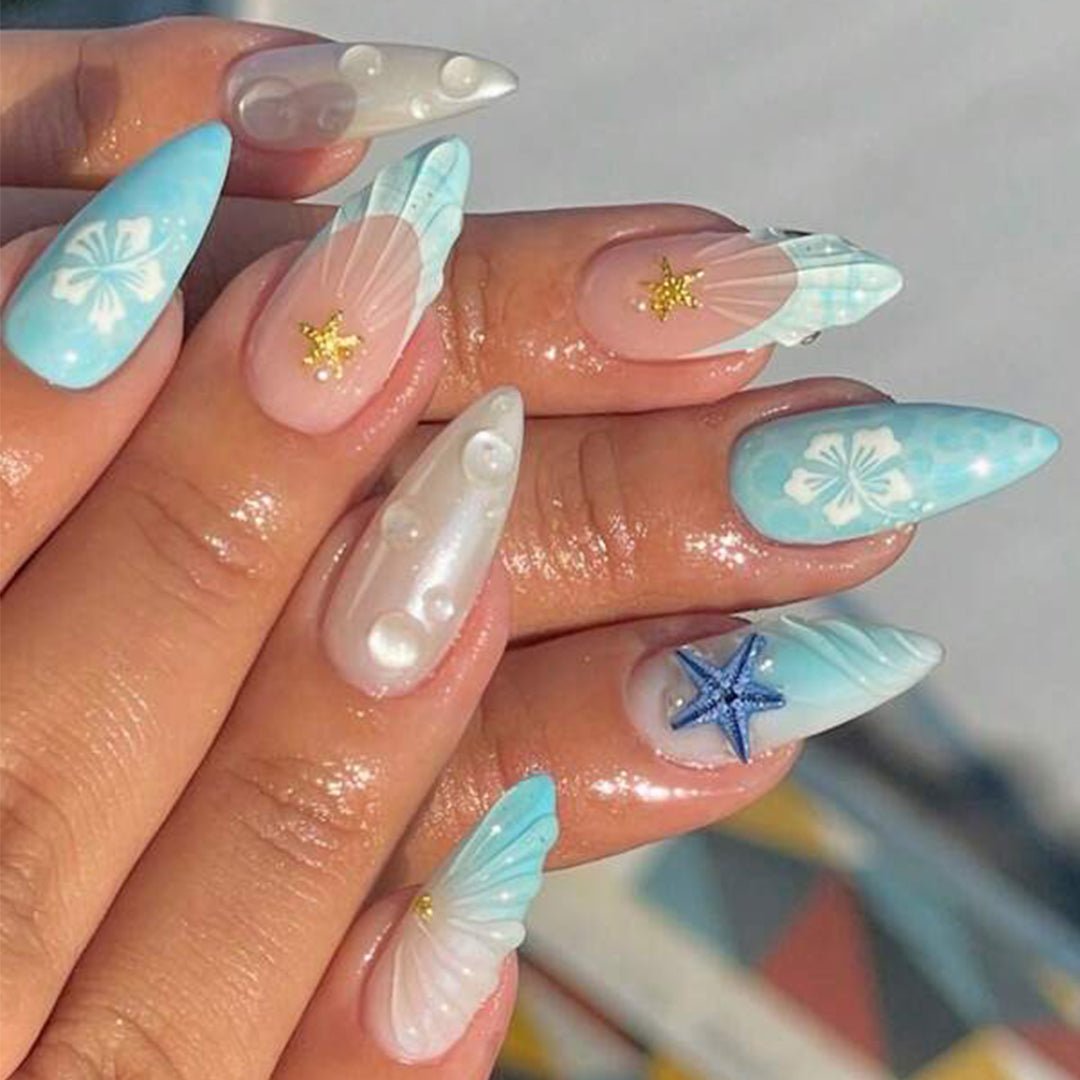 SHEIN 24pcs Almond French Elegant 3D Ocean Style Starfish Press On Nails Press On Nails - XOXO cosmetics